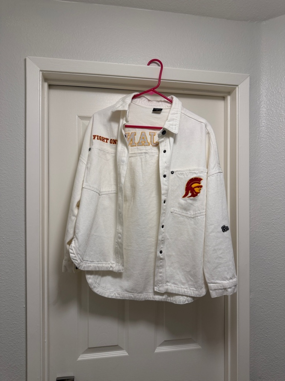 USC White Button-Up Jacket with Red & Gold Trojan Patch